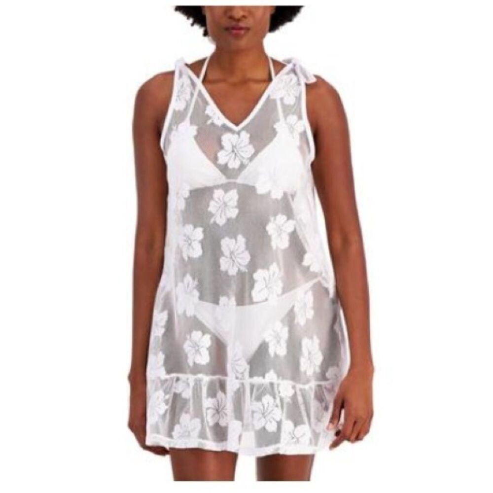 Miken Juniors' Tie-Shoulder Ruffle-Hem Cover-up Dress, Women's Swimsuit newwhite